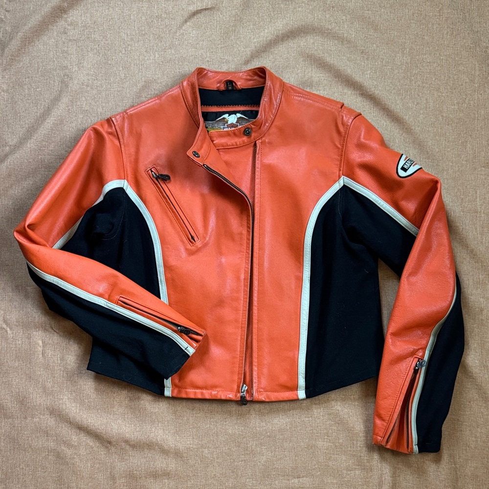 Vintage Harley-Davidson Women's Leather  Riding Moto Jacket in Orange and Black
